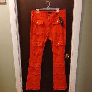 Nova Men Red Fit Check Stacked Skinny Flared Pants Size 36 NWT